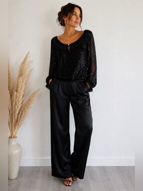 Vintage BASIX II 100% Silk Black Sequin Beaded Evening Blouse Top Women’s S 14
